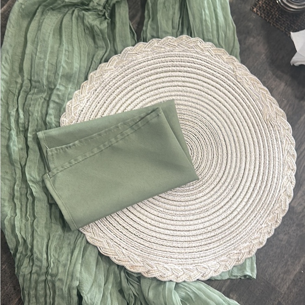 150 Chargers and 130 moss green napkins